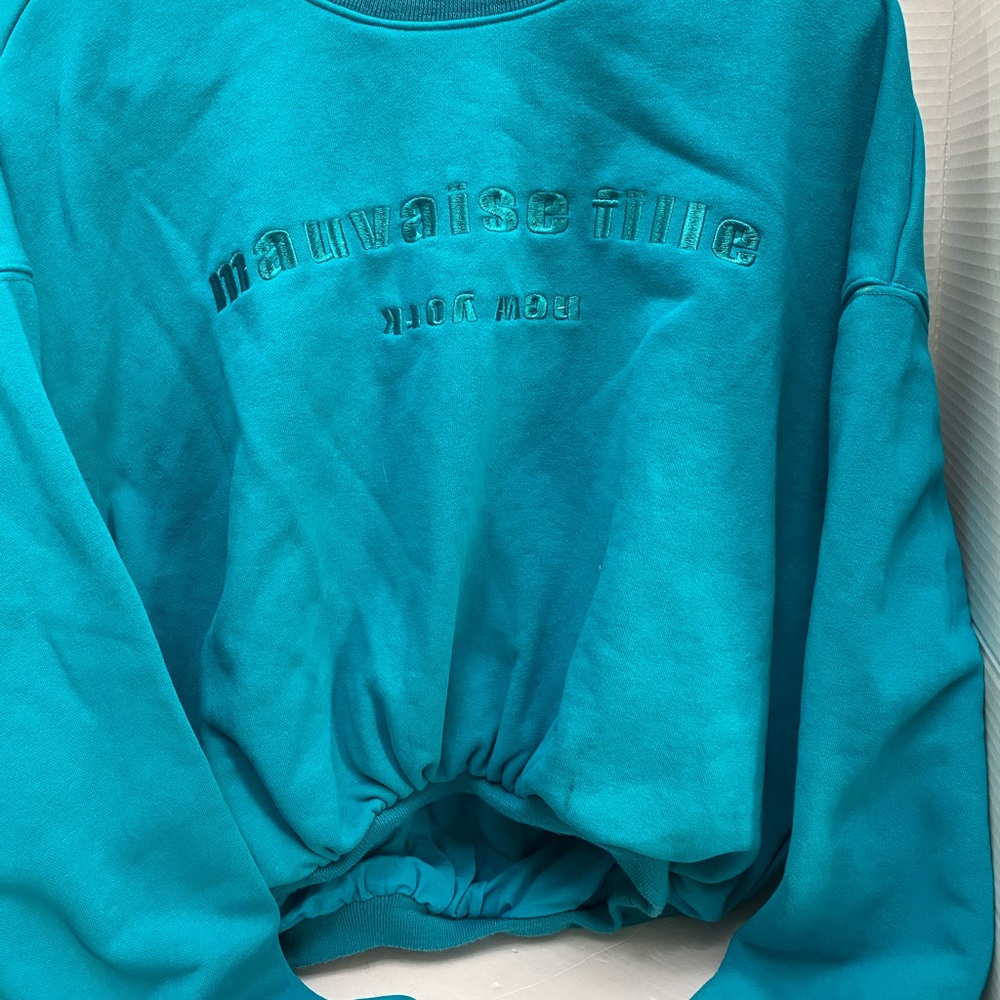 Lin Chand Zhang Turquoise Crewneck Cropped Lined Sweatshirt with Embossed Logo